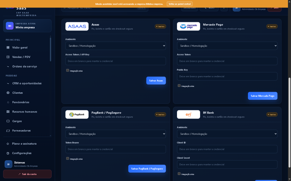 Sistema ERP SaaS Multiempresa PHP com CRM e Assinaturas