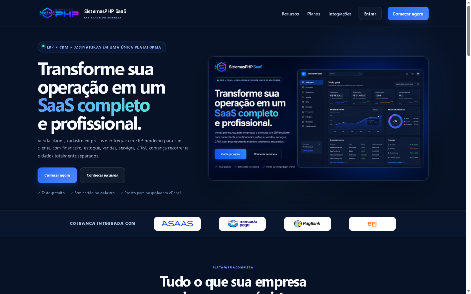 Sistema ERP SaaS Multiempresa PHP com CRM e Assinaturas